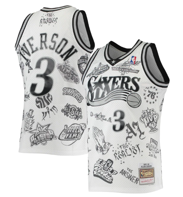 Men's Philadelphia 76ers #3 Allen Iverson Mitchell & Ness White 1997-98 Hardwood Classics Tattoo Swingman Stitched Basketball Jersey Men's Philadelphia 76ers #3 Allen Iverson Mitchell & Ness White 1997-98 Hardwood Classics Tattoo Swingman Stitched Basketball Jersey